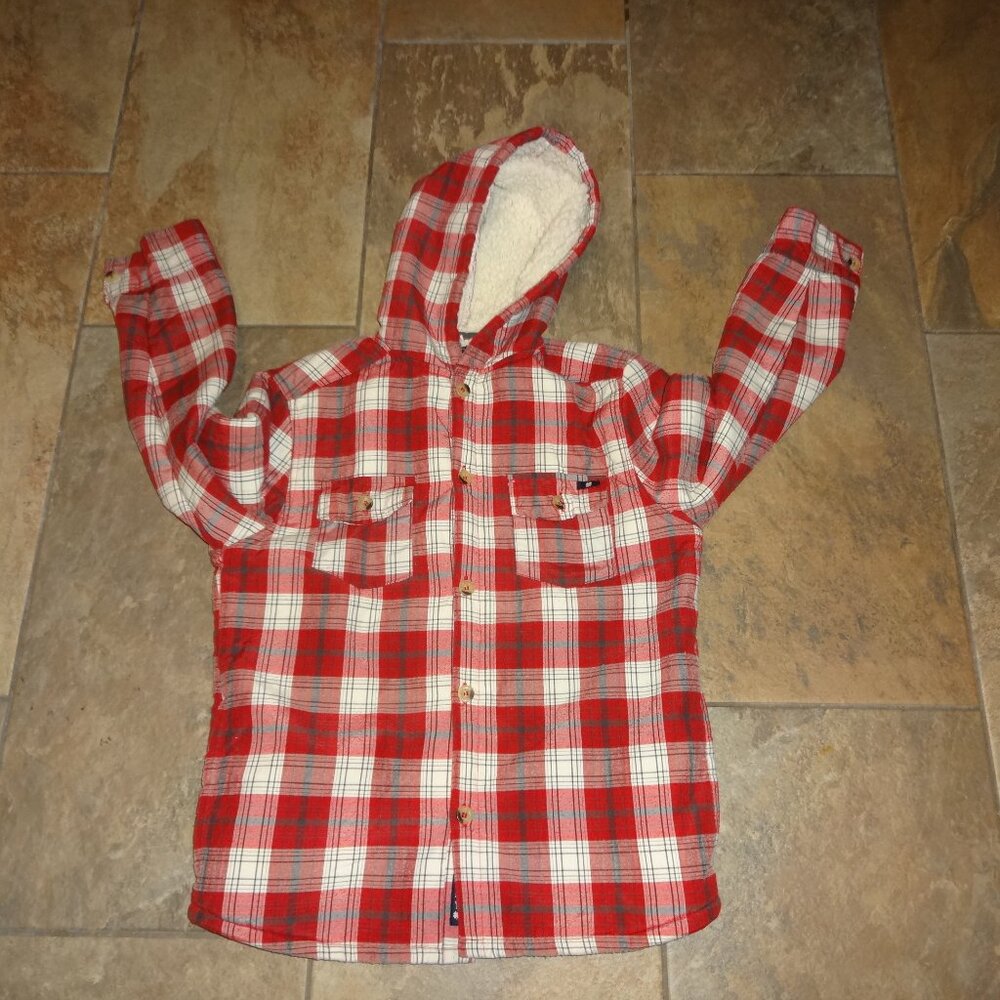 Lucky Brand sherpa lined hooded jacket/shirt red plaid girl/boy M
